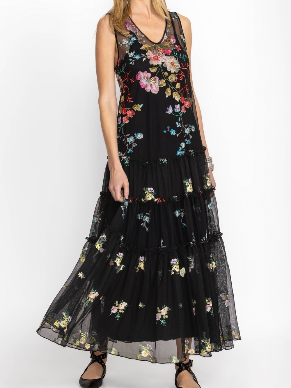 Johnny Was Lilliana Mesh Black Floral Embroidered Dress